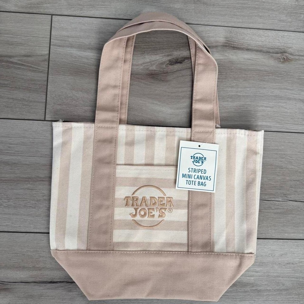 🤍 Trader Joe's Limited Edition Beige Striped Mini‎ Canvas Tote Bag
